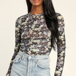 Bloom With Me Black Floral Print Ruched Long Sleeve Top